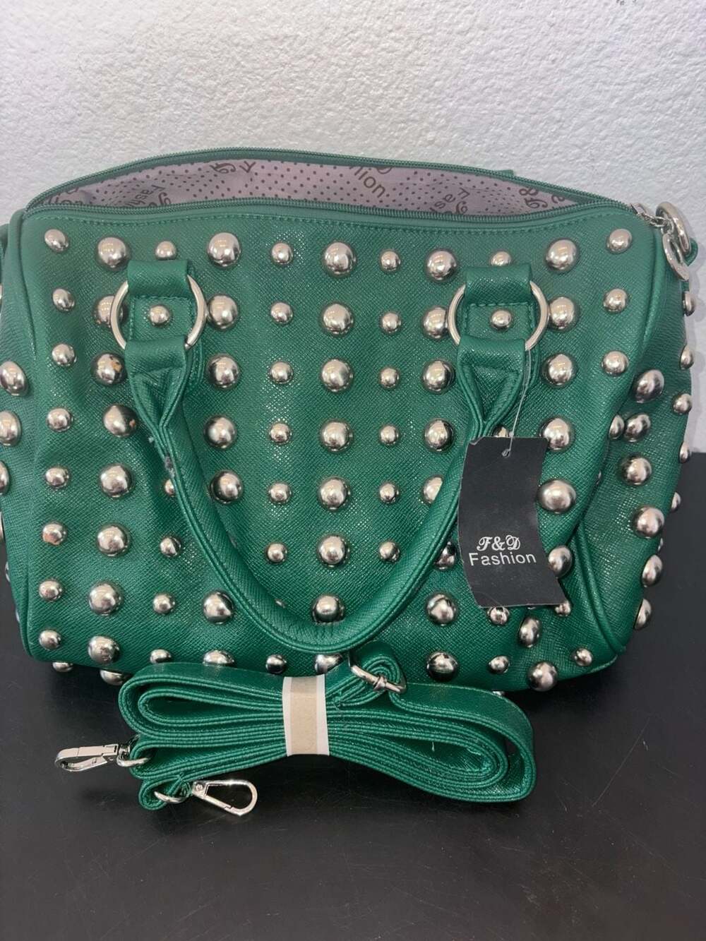 Green Studded Satchel Handbag Crossbody Purse Silver Studs Faux Leather